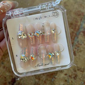 Diamond star pink color press-on nail set of 5